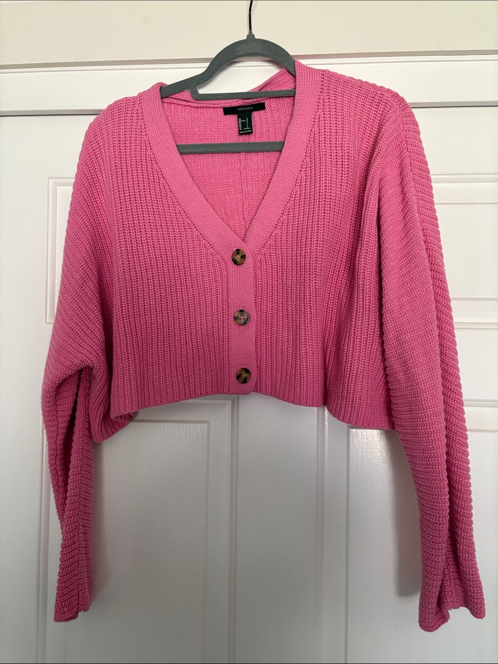 Forever 21 Pink Cropped V-Neck Button Cardigan